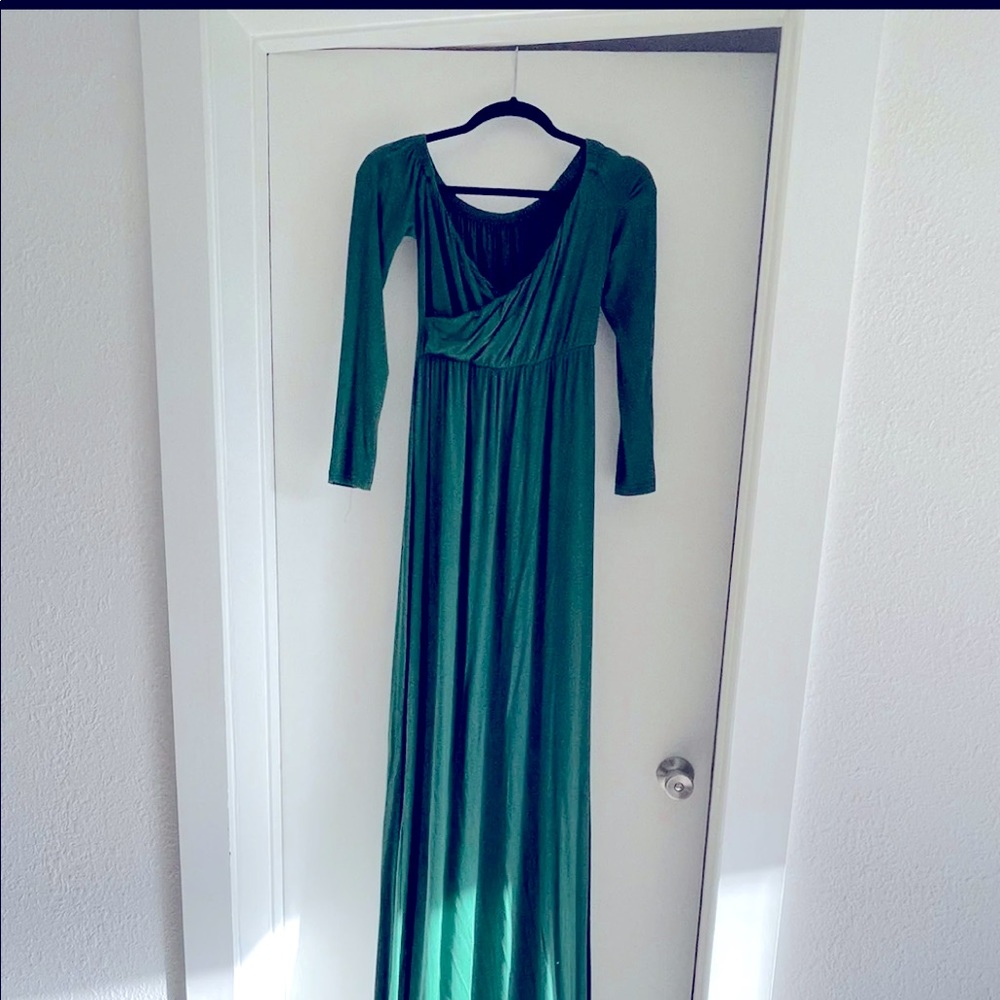 Long emerald green maxi dress.
